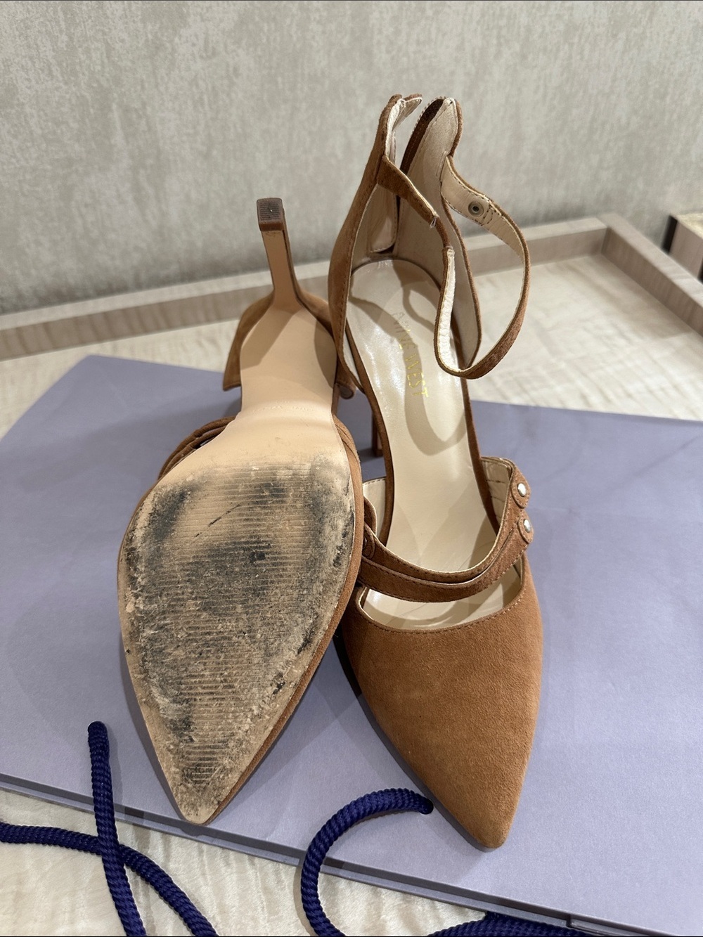 Nine West Tan Suede Pointed-Toe Double Strap Heels - Picture 2 of 6